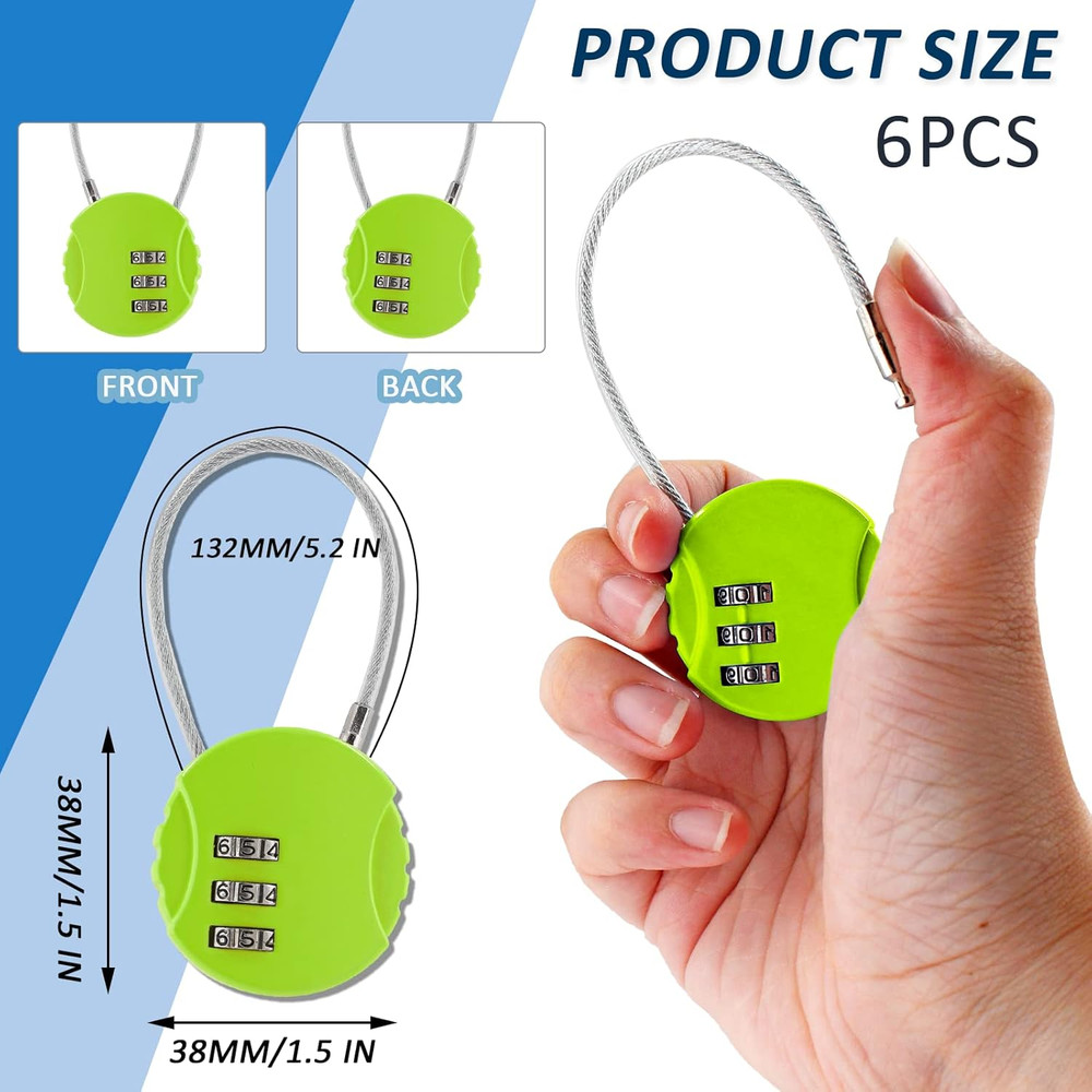 6 Pcs Combination Lock, 3 Digit Outdoor Waterproof Padlock Code Lock Cable Lugga