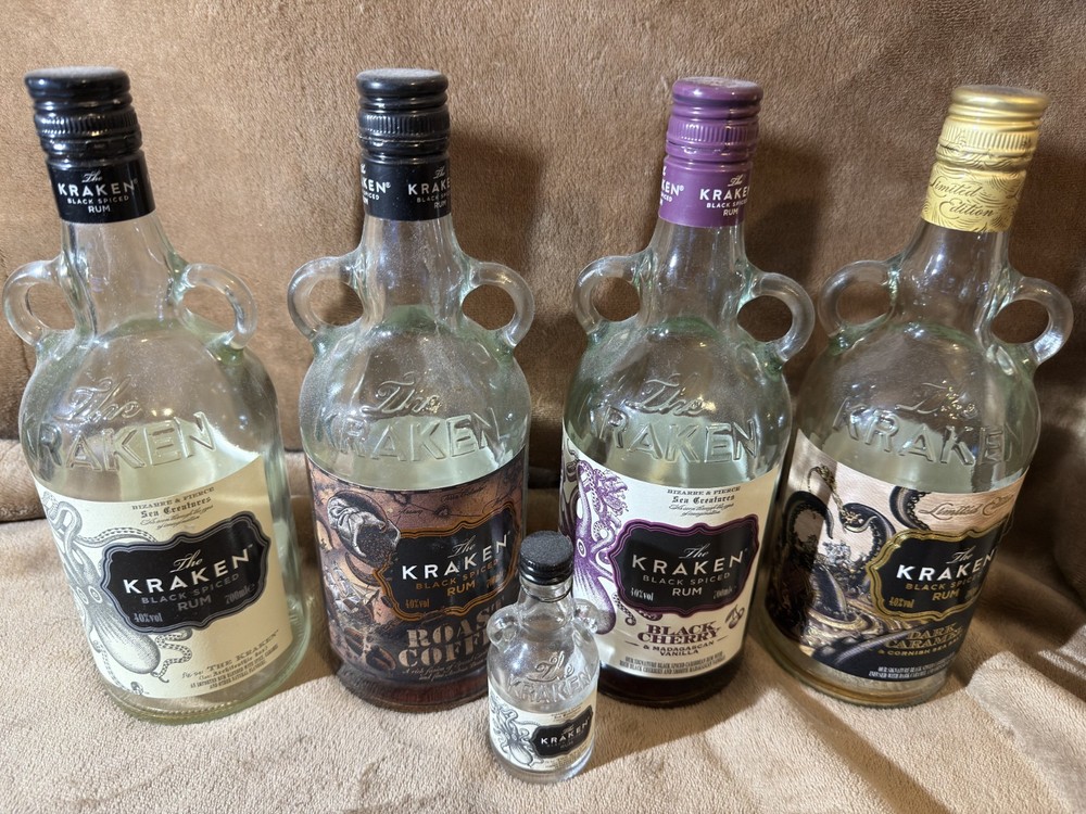 5 EMPTY RUM BOTTLES KRAKEN