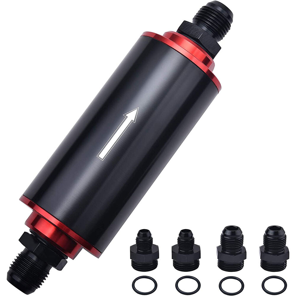 High Flow Racing Inline Fuel Filter 100 Micron Cleanable 2X 6AN 8AN 10AN Adapter