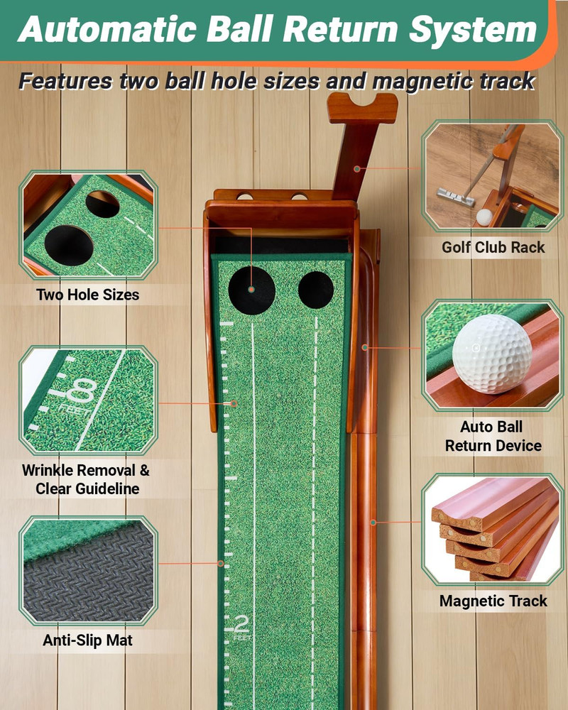 Putting Green Indoor Mat with Auto Ball Return-Portable Golf Putting Mat Solid W