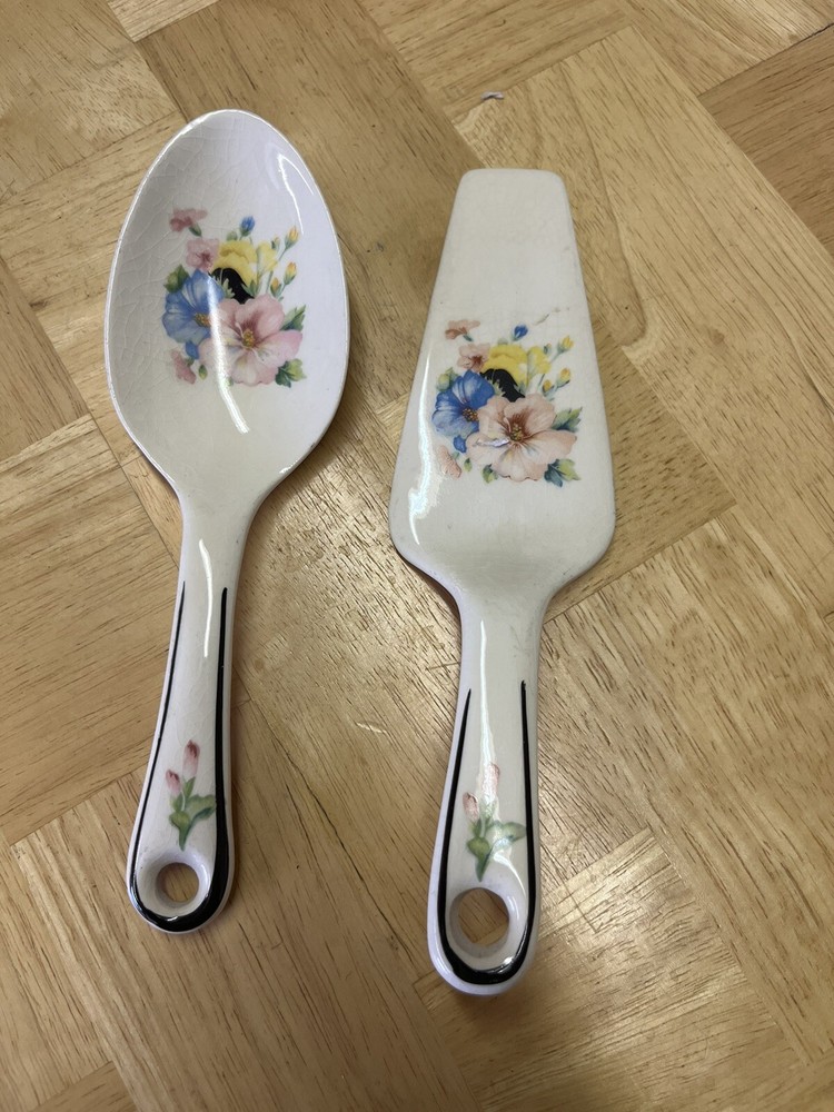 Vintage Cake server and Serving Spoon Set Porcelain