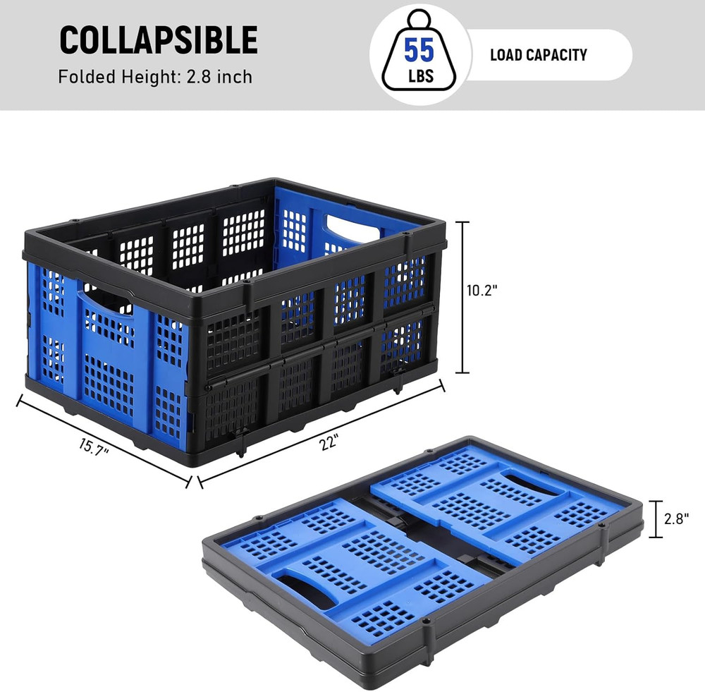 Collapsible Plastic Crate, Foldable Storage Basket, Stackable Utility Crate with
