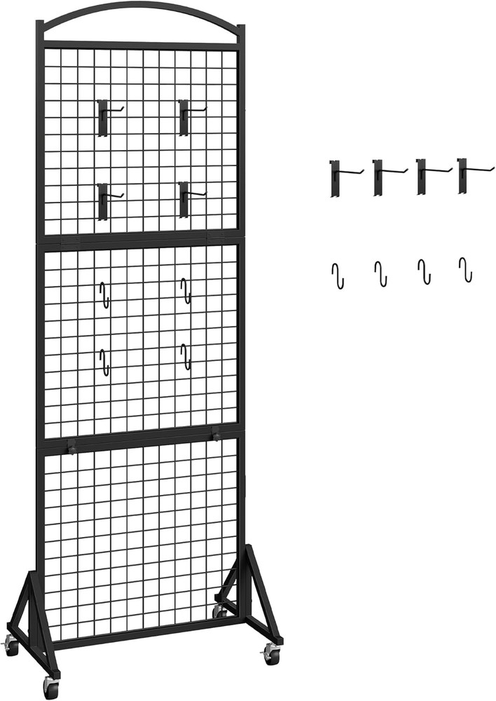 Foldable Grid Wall Panel 1.9' x 5.6', Movable Display Rack with Hooks, Black