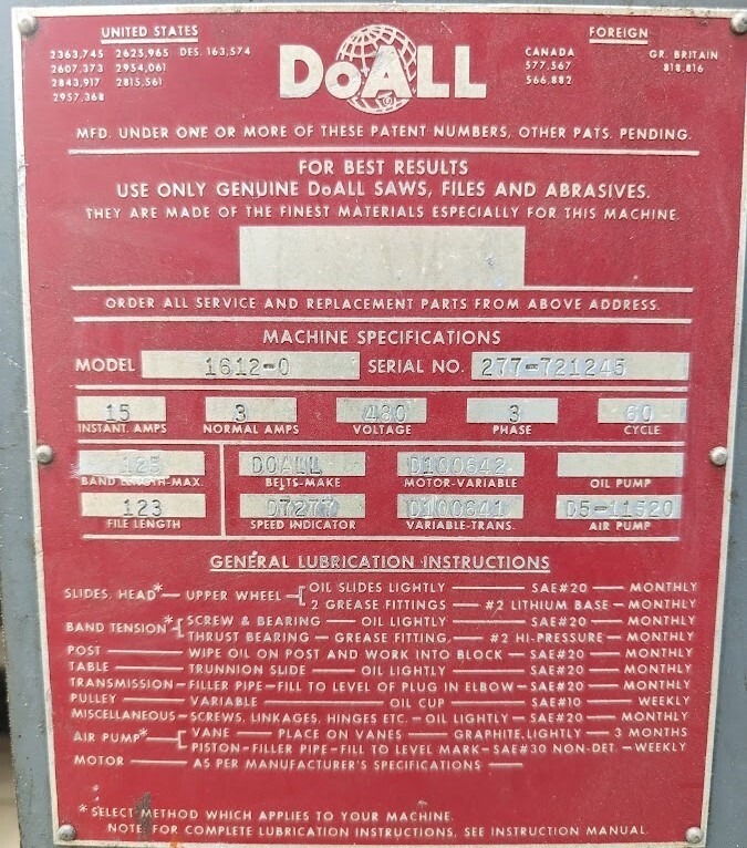 DoAll 1612-0 Bandsaw - Very Complete