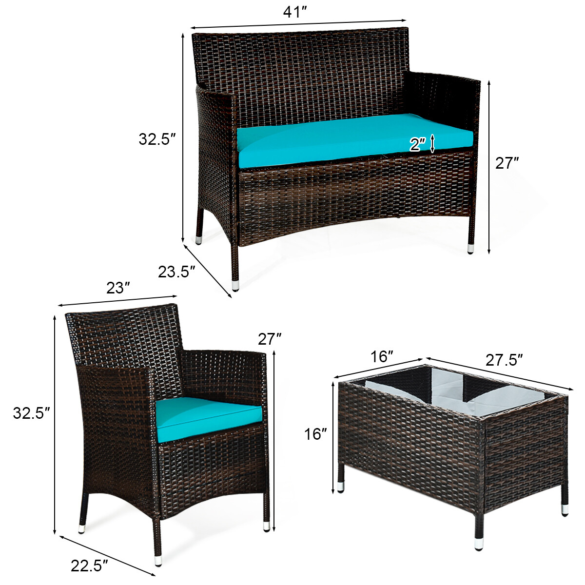 Patiojoy 4PCS Rattan Patio Furniture Set Cushioned Sofa Chair W/ TableTurquoise
