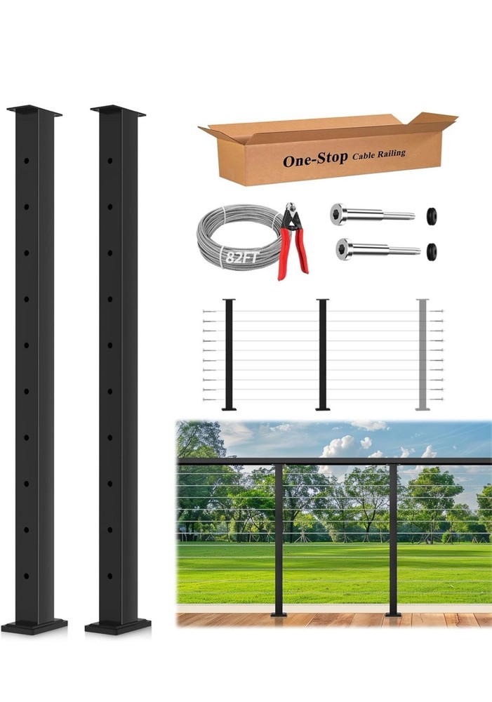 Cable Railing Deck Post 36" Fixed Flat Top Mount Level Drilled Cable Grommet 2PC