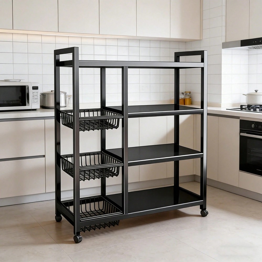 4‑Layer Adjustable Storage Rack with 3 Baskets on Wheels Portable Organizer