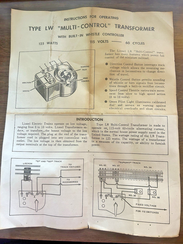 LIONEL LW MULTI CONTROL TRANSFORMER INSTRUCTION  Dated 6/60 Postwar