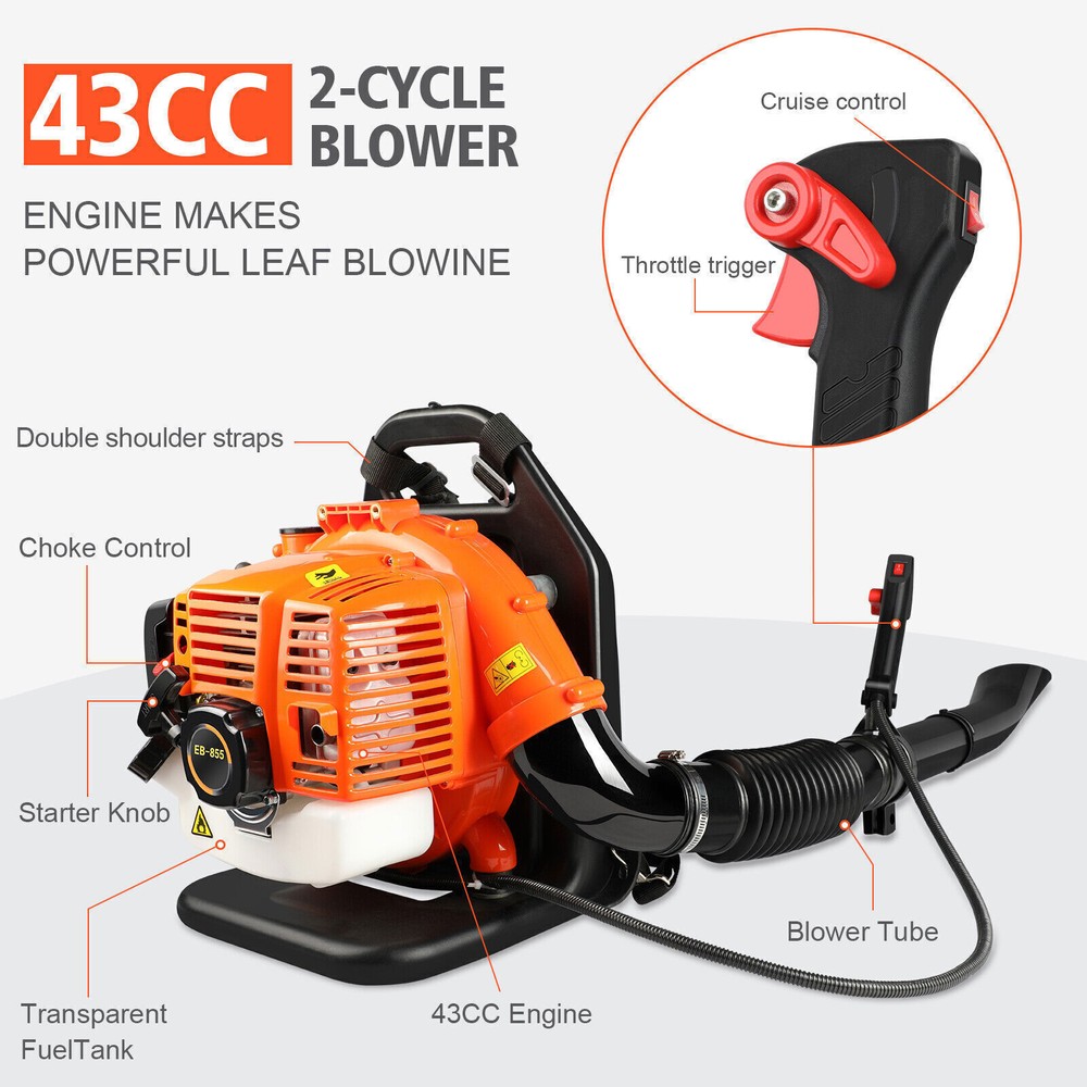 Powerful Backpack Blower Gas Leaf Blower 43cc 2-Stroke 665CFM 280MPH