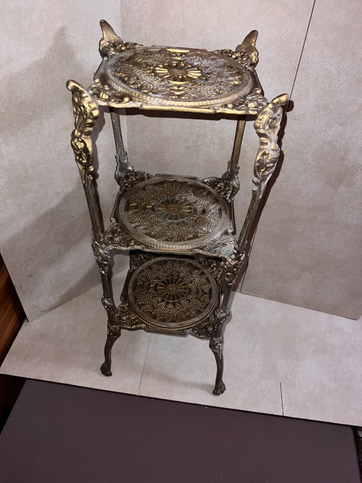 RARE 1950s Italian BRASS Filigree 3-Tier Plant Stand, Handmade Ornate, Claw Feet