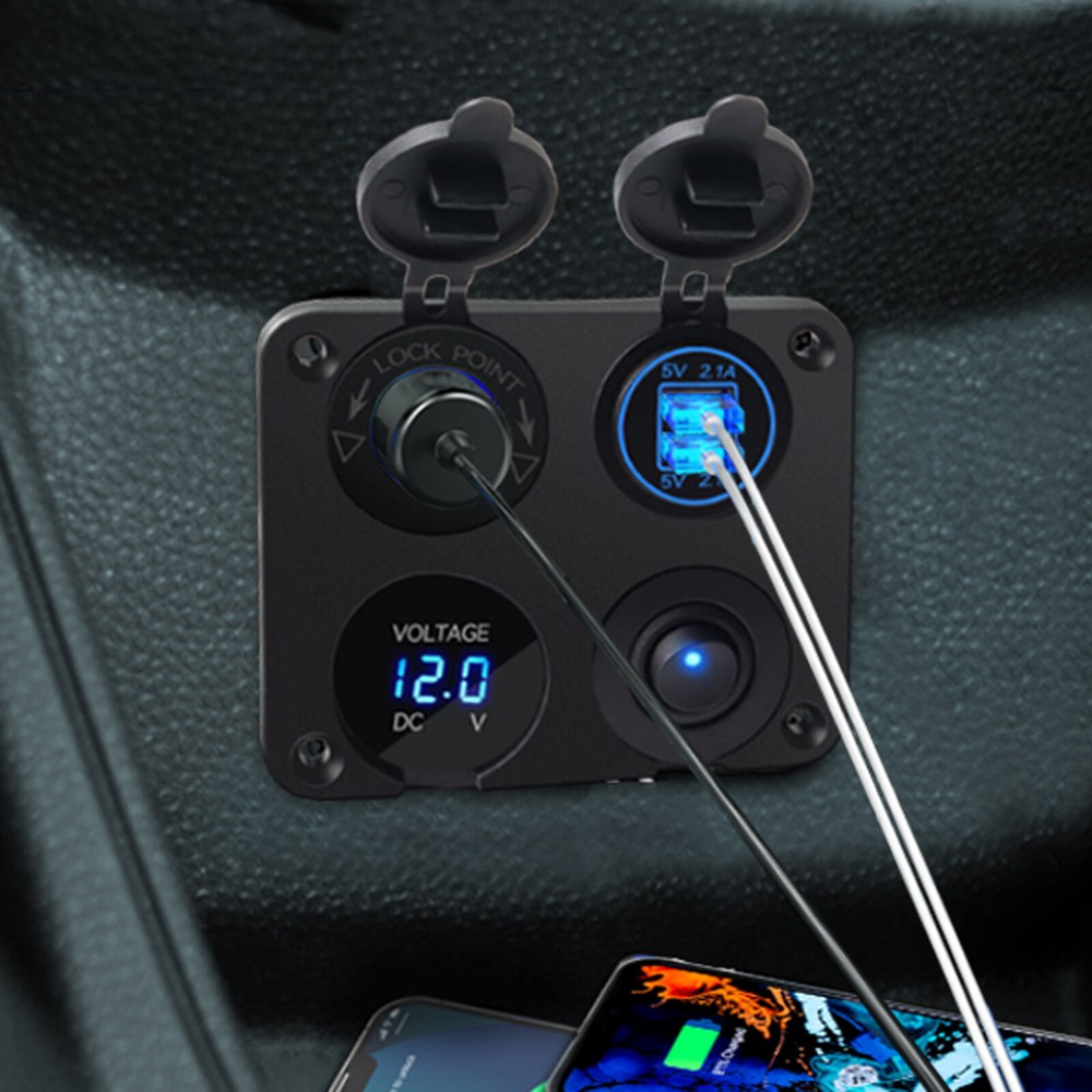 12V 4 In 1 Panel Dual USB Charger LED Voltmeter Cigarette Lighter Socket Outlet