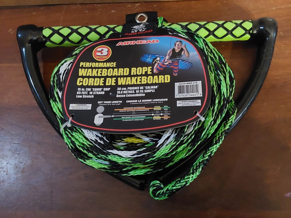 Airhead 3 Section Performance Wakeboard Rope Custom 65' - 15" Handle Low Stretch