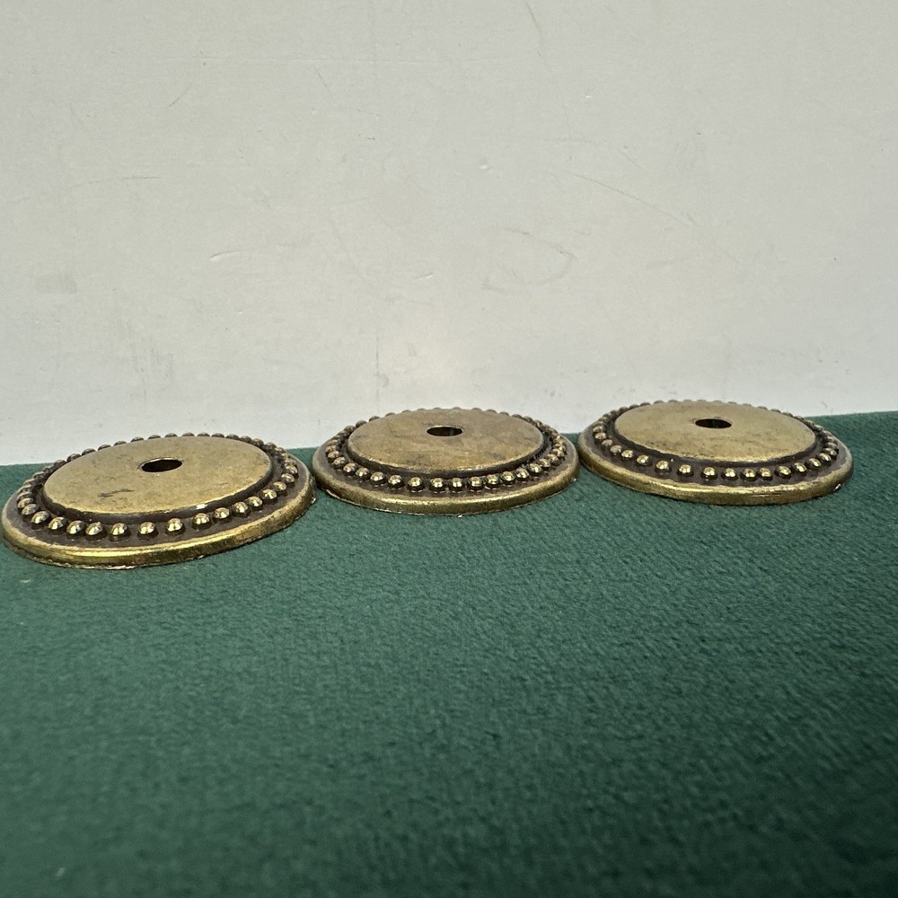 Lot 3 Vintage Brass Drawer Pull Backplates Beaded Round Rosette 1.5”