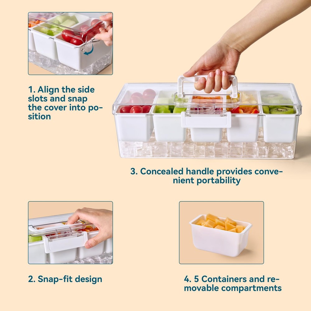 Luckore Chilled Condiment Caddy Server with 5 Removable 1 Pack, Clear, White
