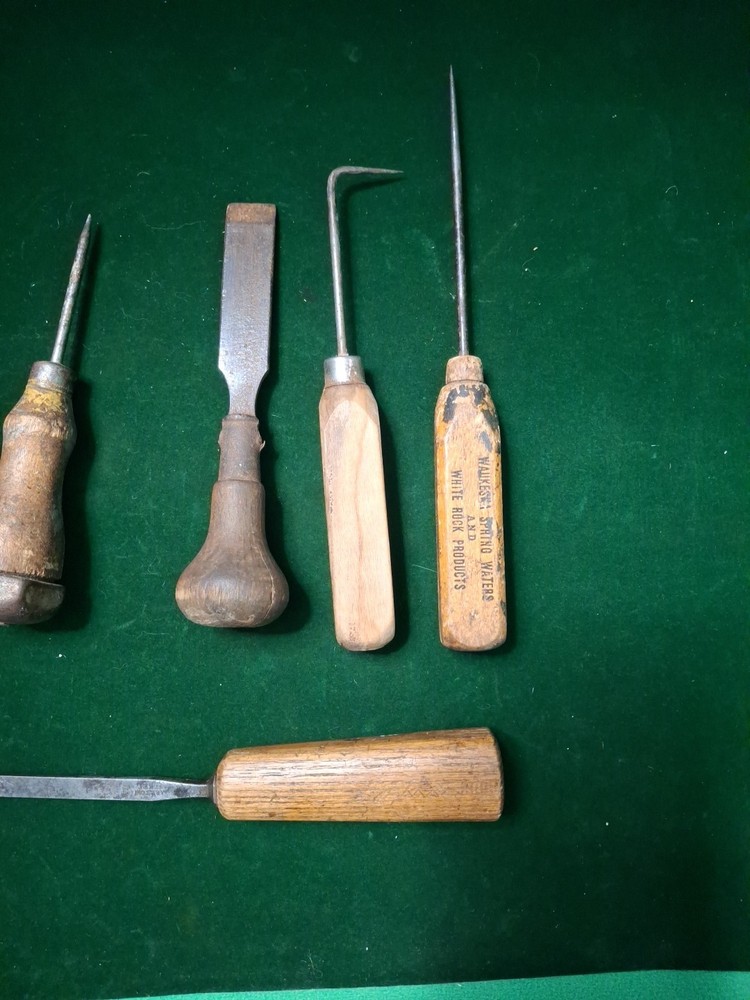 6 Vintage Wood Handled Awl / Punch~Scraper/Strike Cap CHISEL?