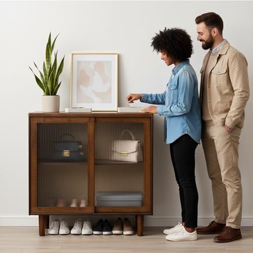 Bamboo Sideboard Buffet Cabinet, Rattan Kitchen Storage Cabinet, Boho Small