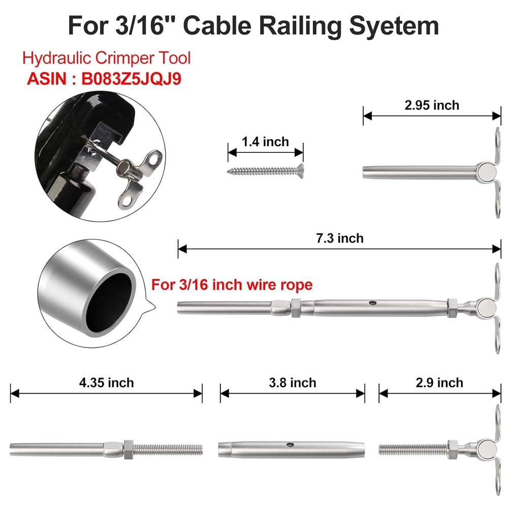 10 Pairs 3/16" Cable Railing Kits T316 Adjustable Angle Cable Railing Hardware