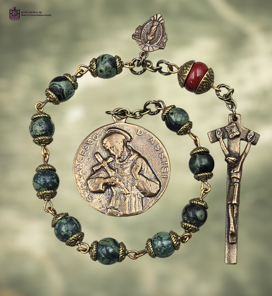 St Francis & St Chiara Heirloom Chaplet- Bronze| Kambaba Jasper