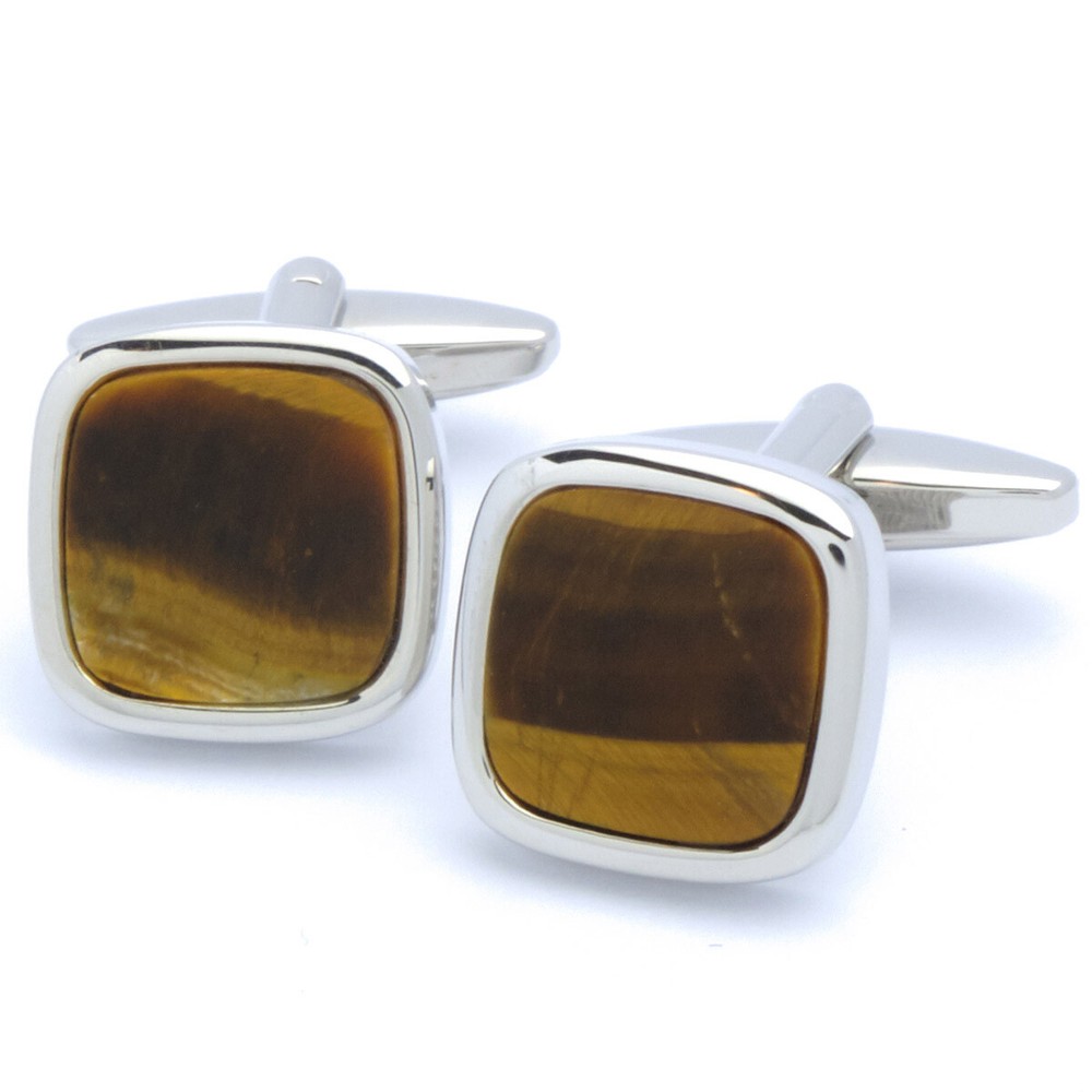 Cufflinks - Square Silver with Tiger Eye Gemstone