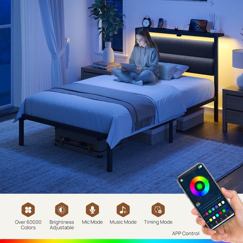 Seventable Twin Bed Frame with Upholstered Storage Headboard