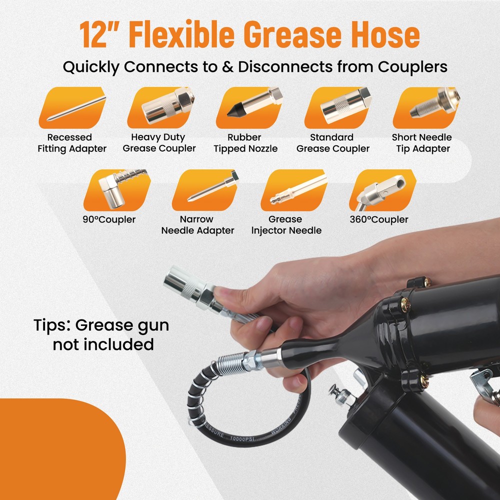 Complete Grease Gun Accessory Set 3000PSI with Spring Hose and Multiple Adapters