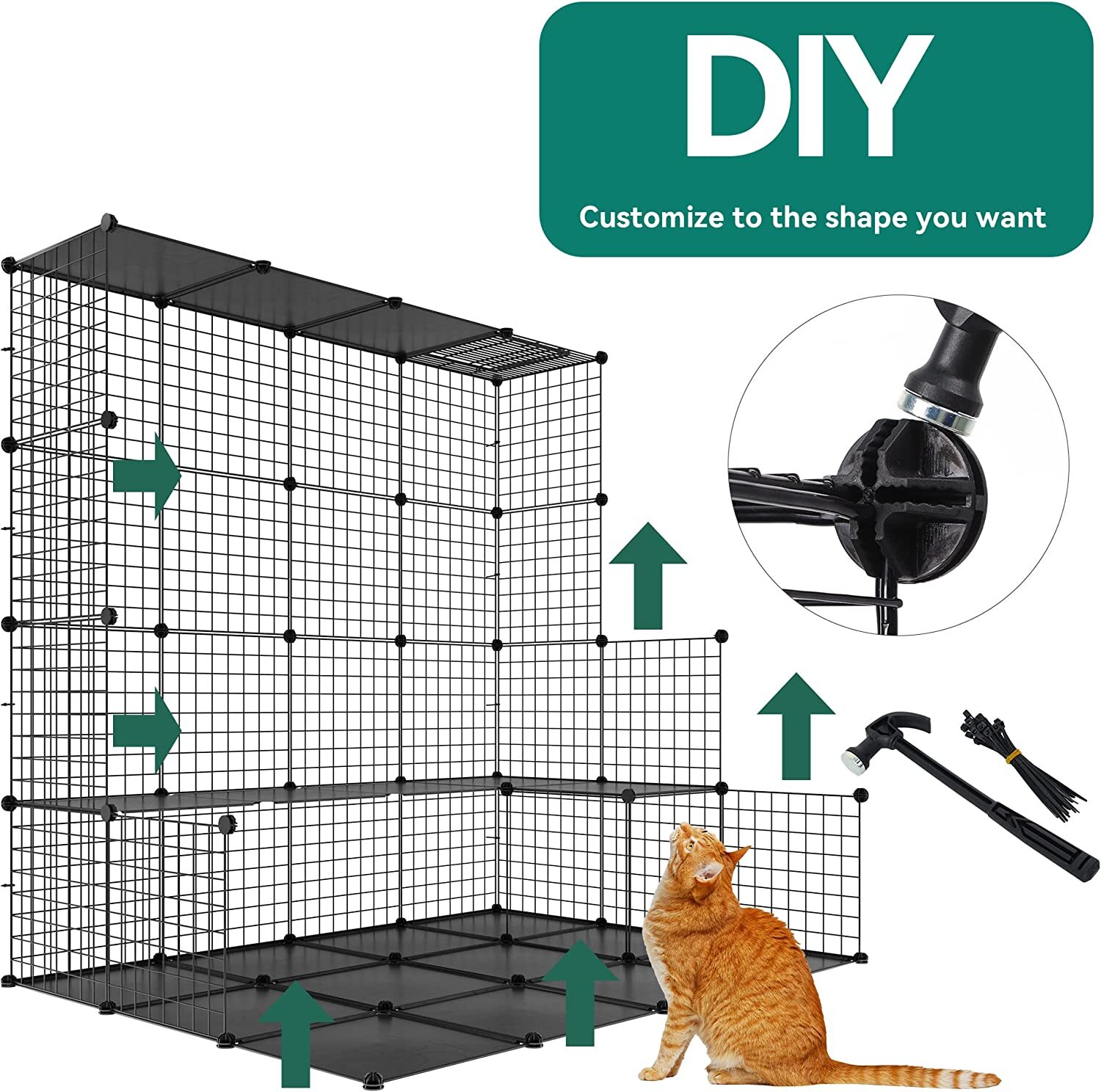 Large Cat Cage Enclosure Metal Wire 4-Tier Kennel DIY Playpen Catio with Hammock