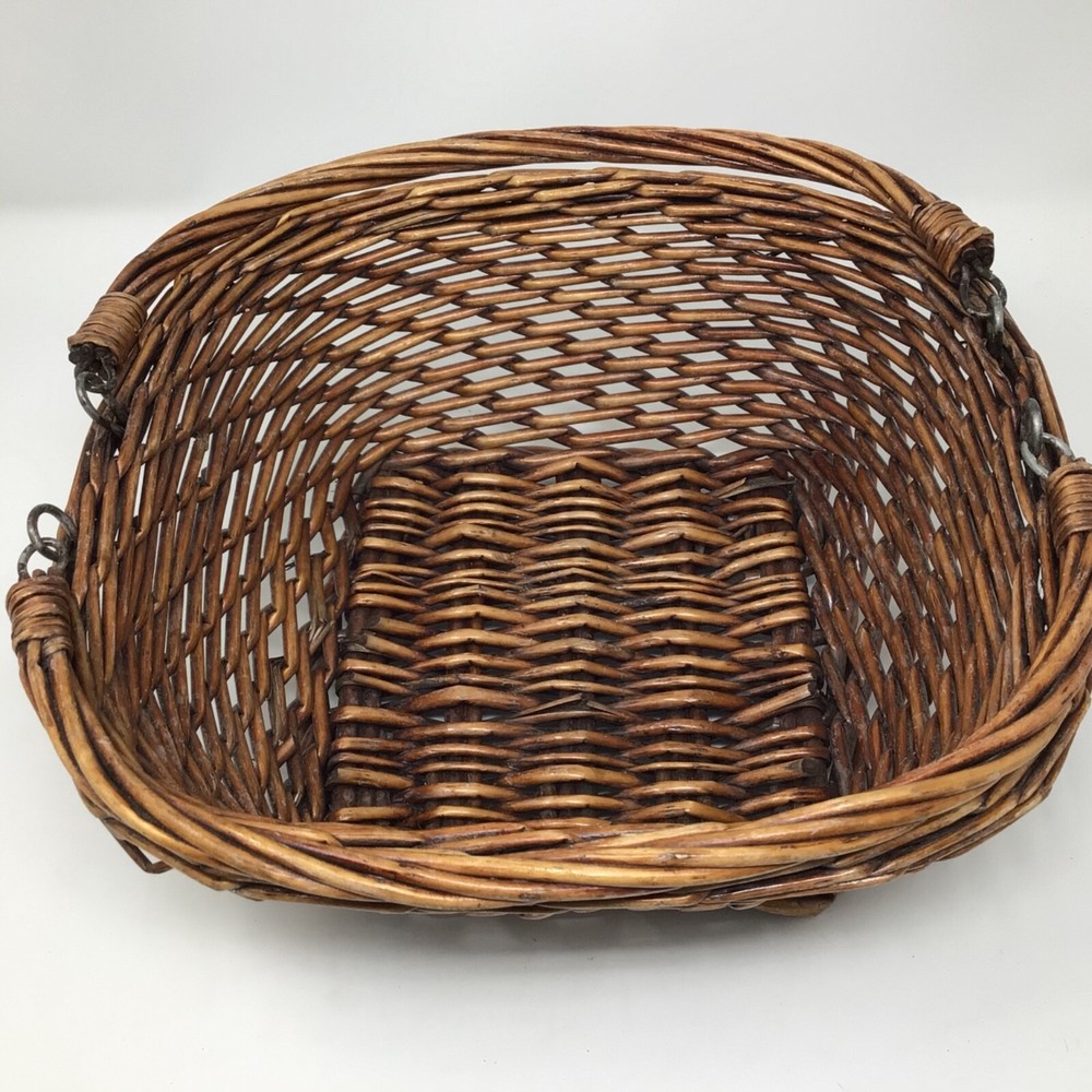 2 Handled Wicker Woven Basket BOHO Brown Square Base 12"