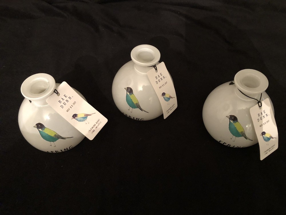 RAE DUNN 3 Charming Birds Spring White vase 4”