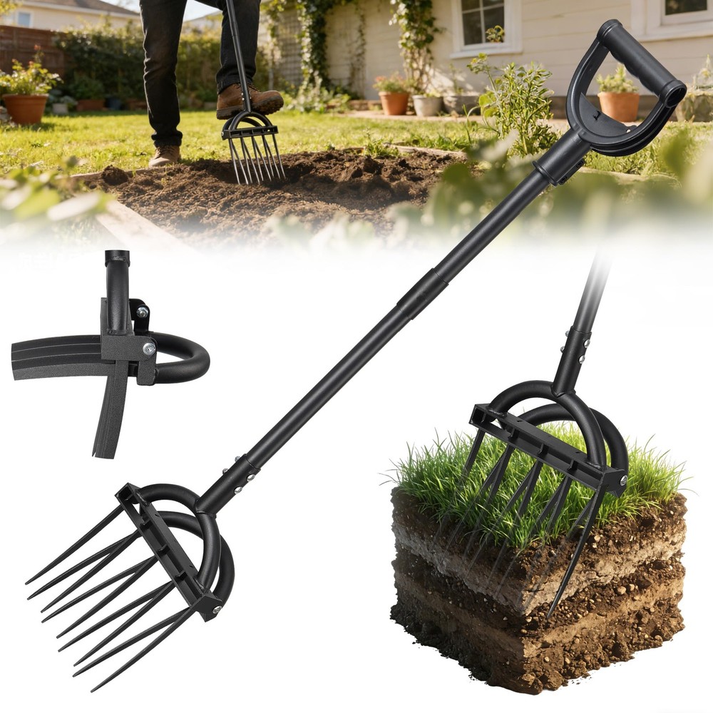 Broad Fork Garden Tool, Heavy Duty 5+4 Sharp Tines BroadFork Hand Tiller Gard...