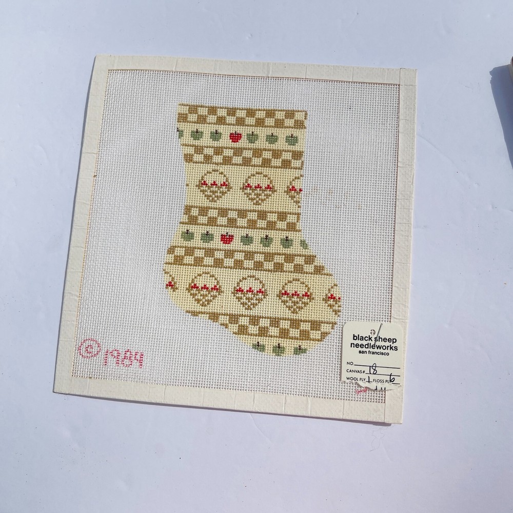 1984 Vintage Hand Painted Needlepoint Pattern Canvas Stocking Apples Baskets