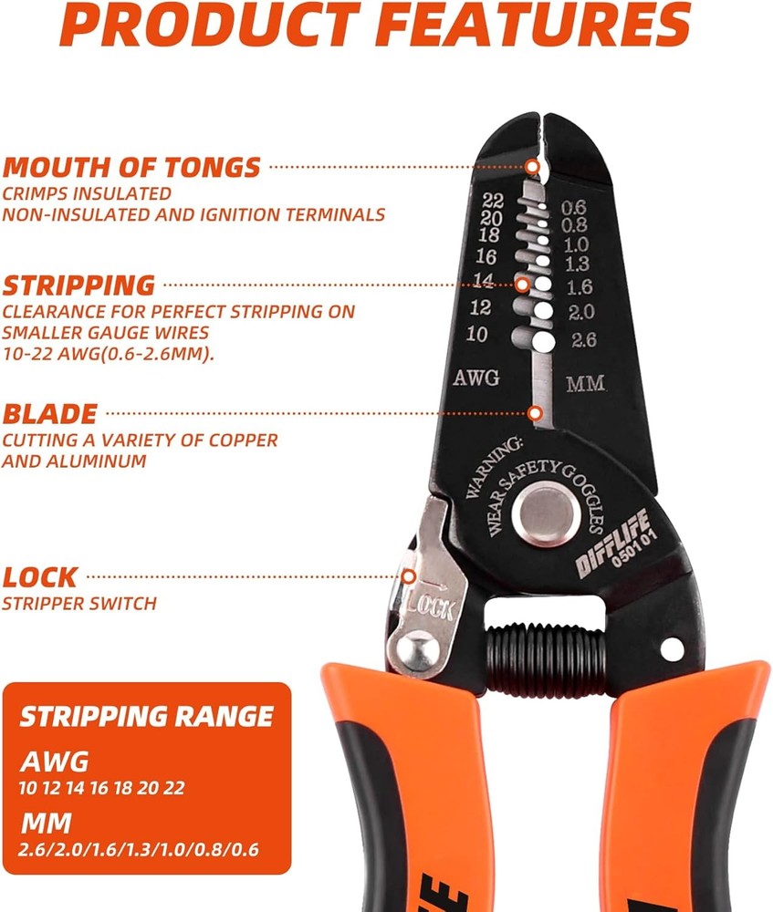10-22 AWG Wire Stripper Cutter Stripping Tool And Multi-Function Orange