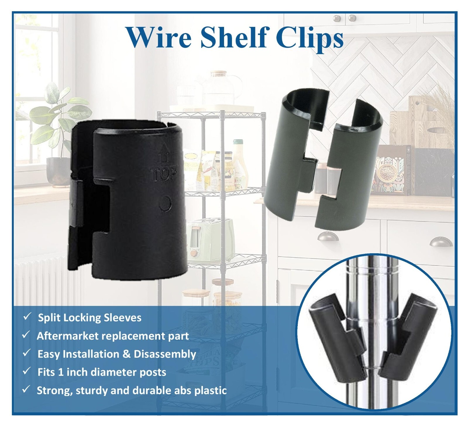 1" Diameter Wire Shelf Clips Shelving Split Sleeves Lock Locking Plastic 24 pair