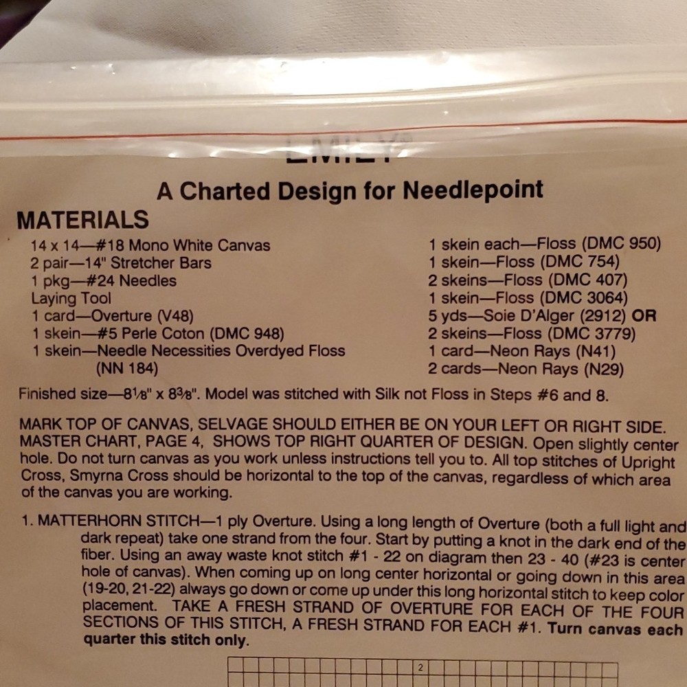 Ruth Dilts Emily Needlepoint PATTERN 1992 stitch guide