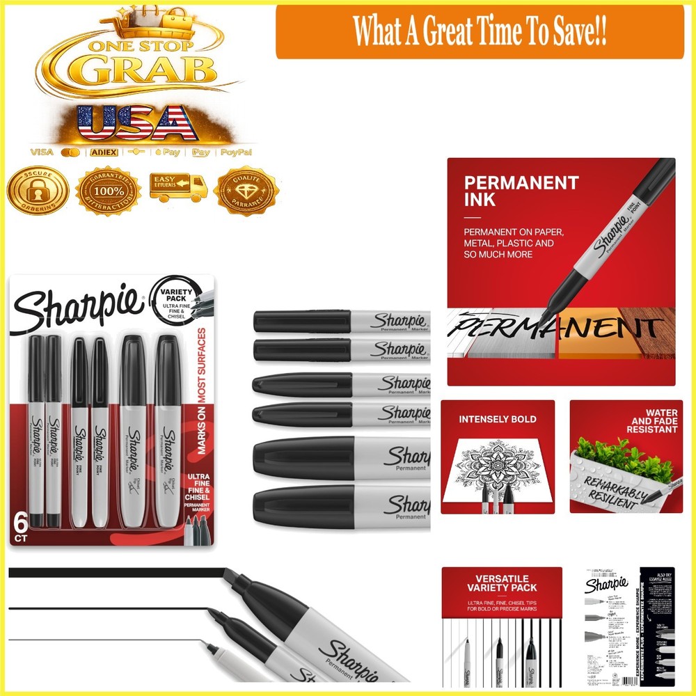 6-Piece Permanent Marker Set Black Fine Ultra-Fine Chisel Tips Multi-Surface