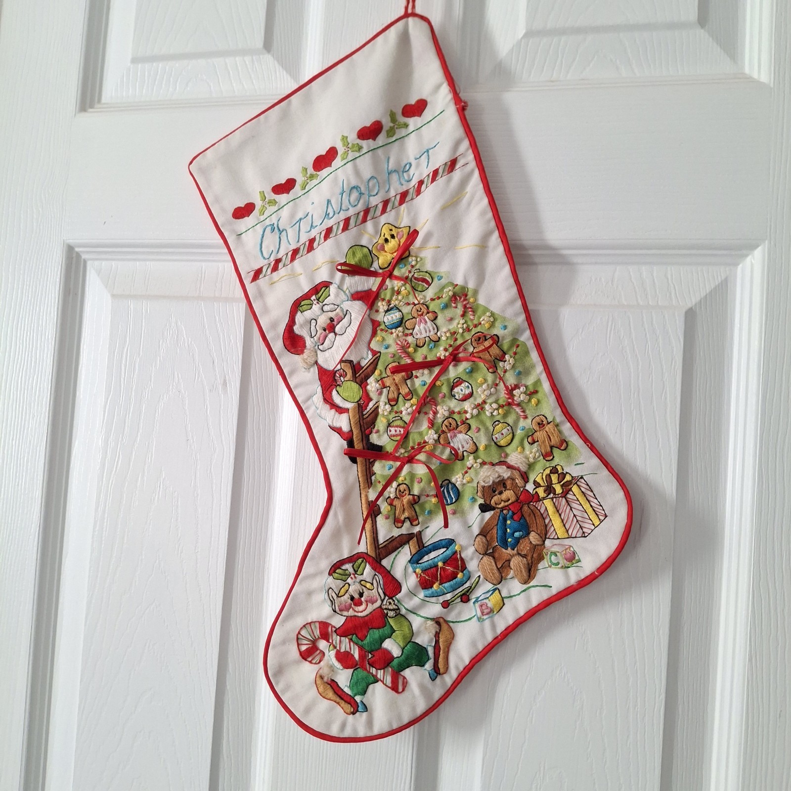 VTG 1980s Janlynn Steinmeyer Hand Embroidered Crewel Christmas Stocking Santa