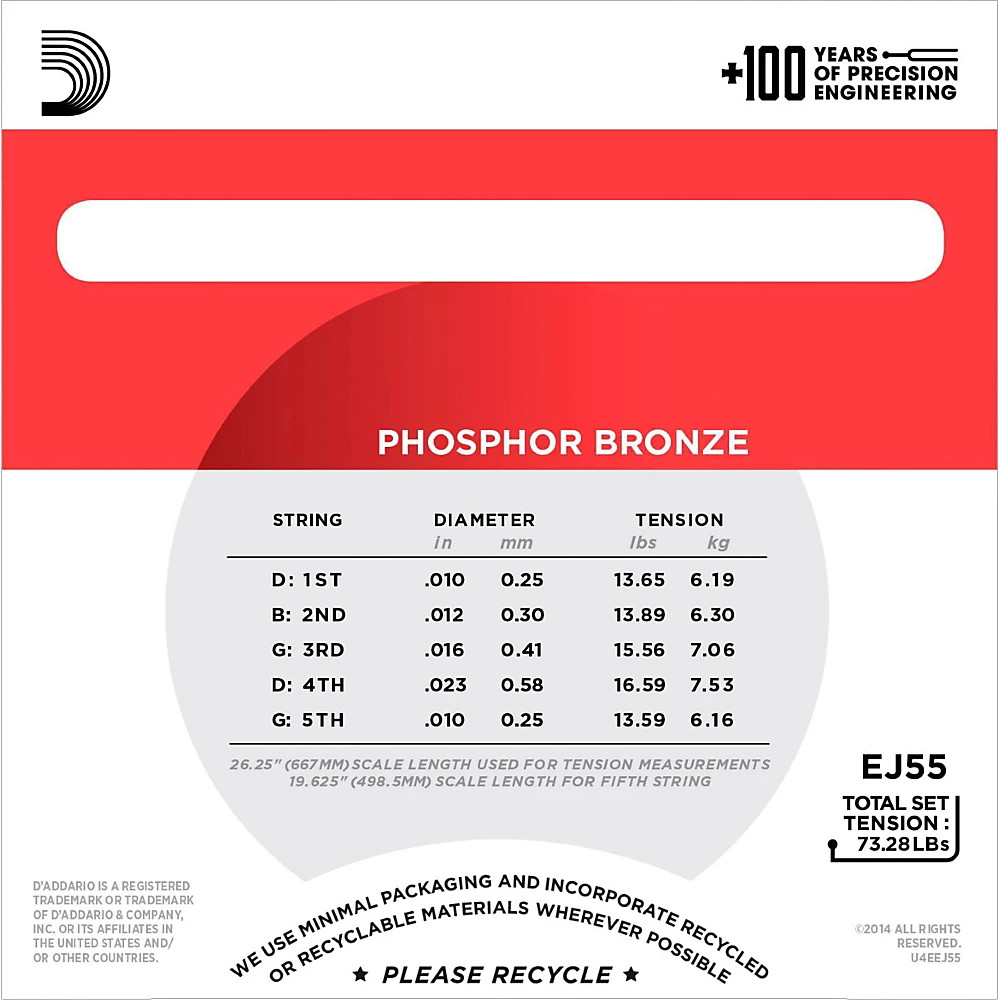 D'Addario EJ55 Phosphor Bronze Medium 5-String Banjo Strings (10-23)