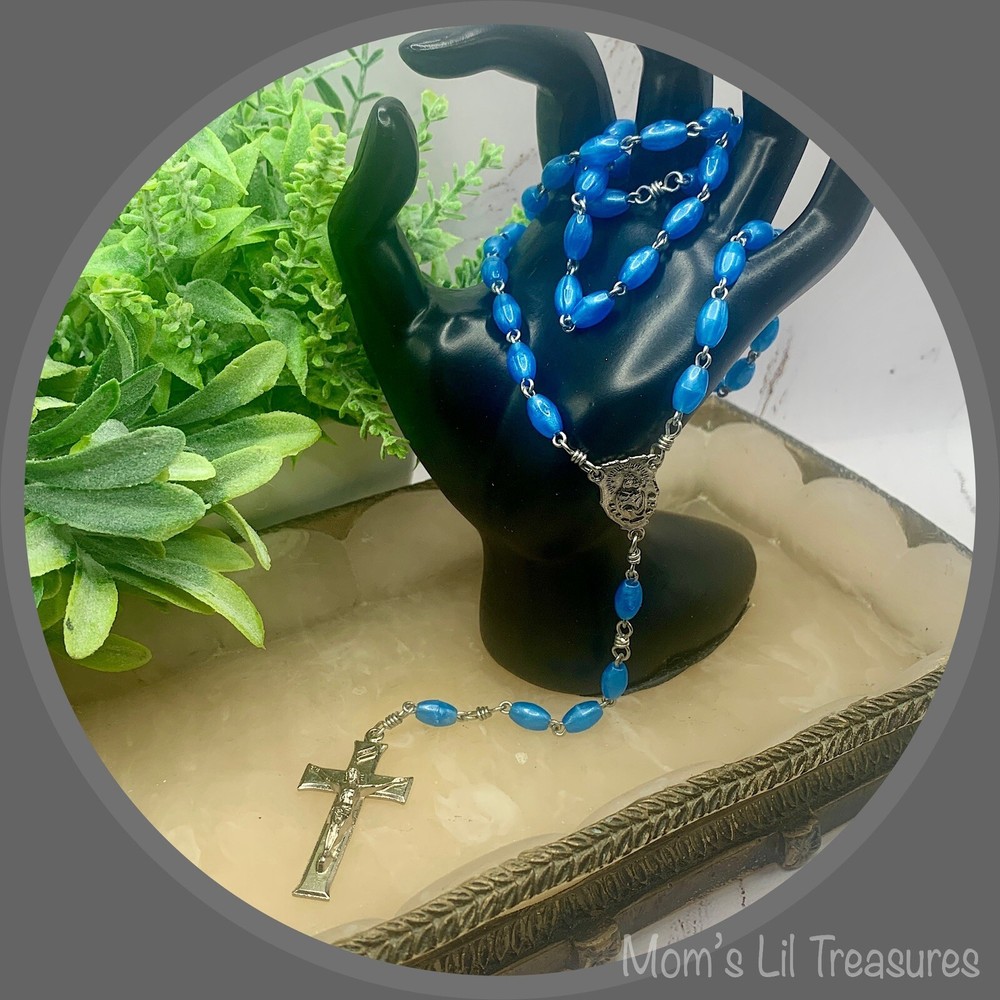 Pearly Blue Plastic Beaded Rosary 31” Catholic Christianity