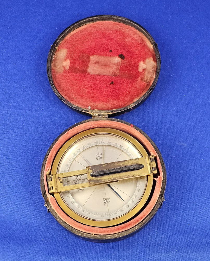 Antique Brass Surveyor's POCKET COMPASS Functioning Needle Lock Original Case