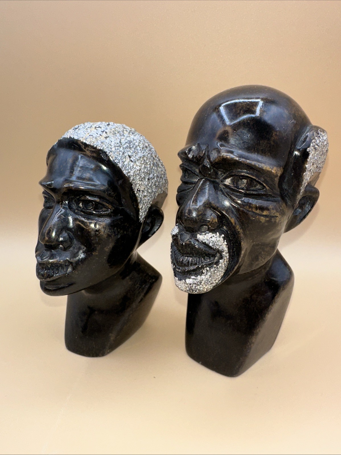 HAND-CARVED SOLID STONE AFRICAN SHONA HEAD BUST COUPLE FINELY DETAILED!