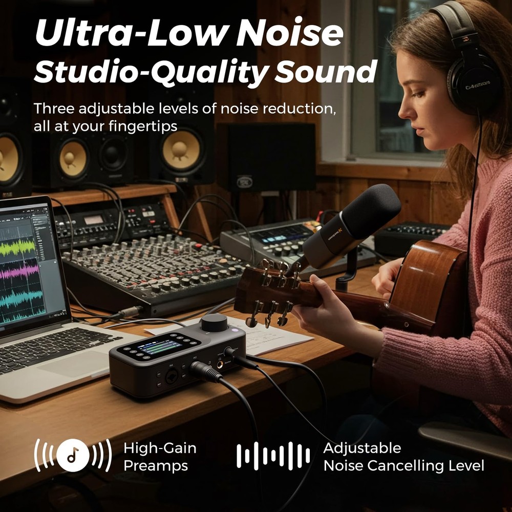 Audio Interface with Pro Preamp, Dual XLR/6.35mm Inputs, 48V Phantom, Dual