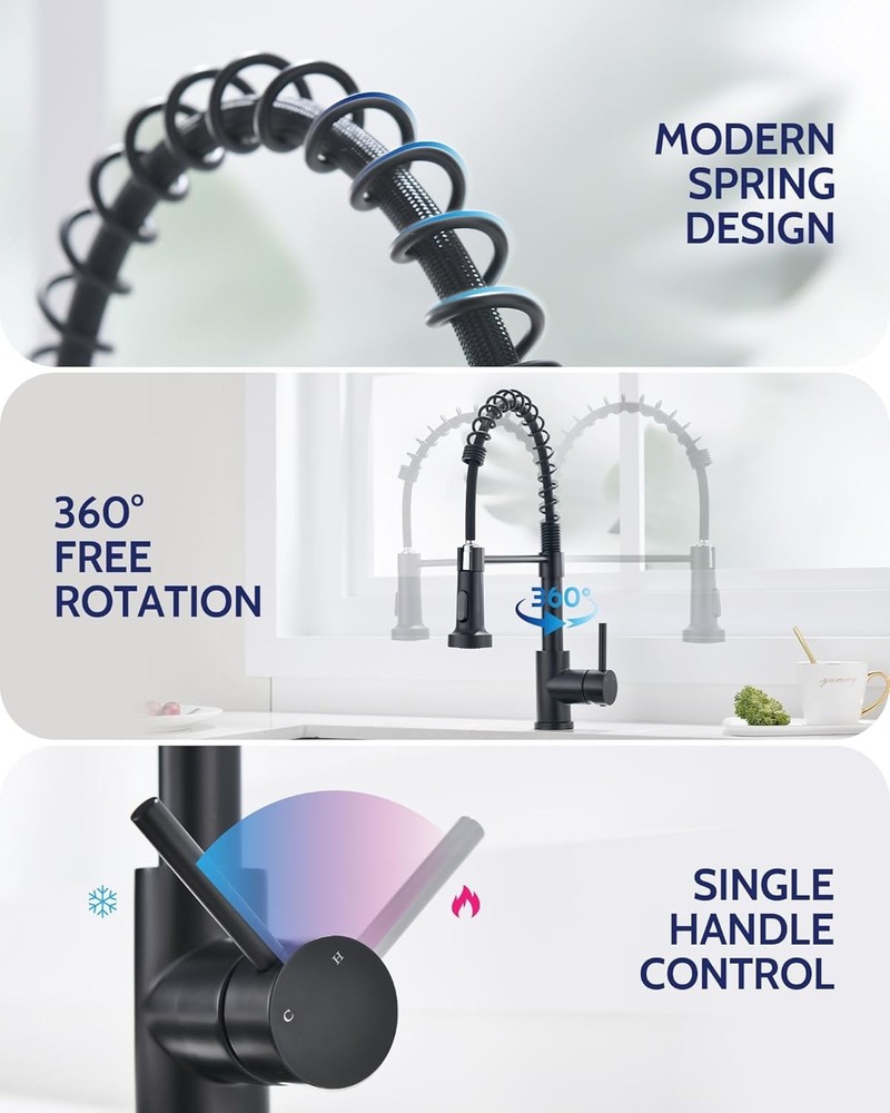 Black Kitchen Faucets W/ Pull Down Sprayer High Arc Spring 304 Stainless Steel