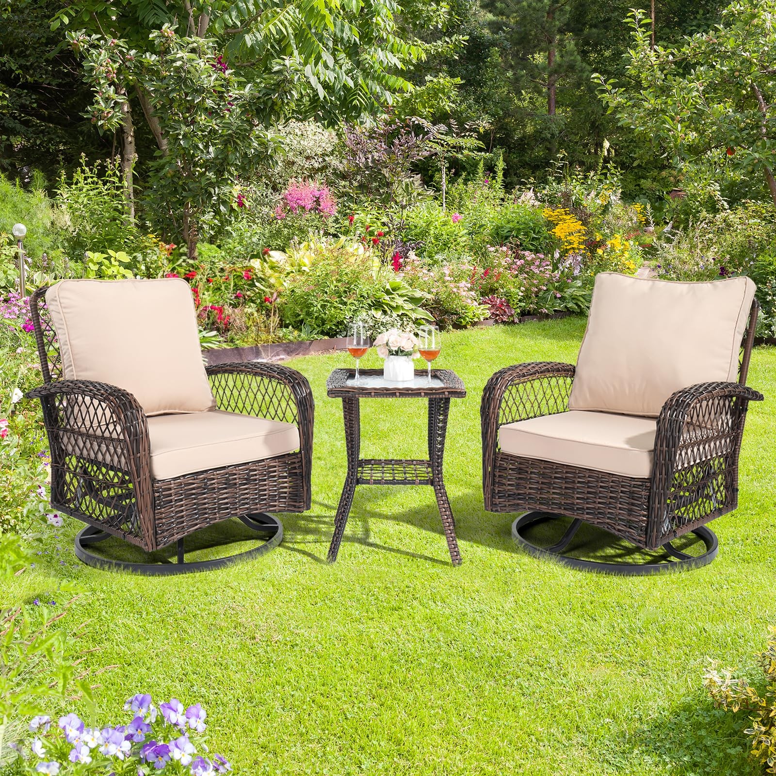 3 Piece Outdoor Patio Set Swivel Rocking Chairs and Bistro Table