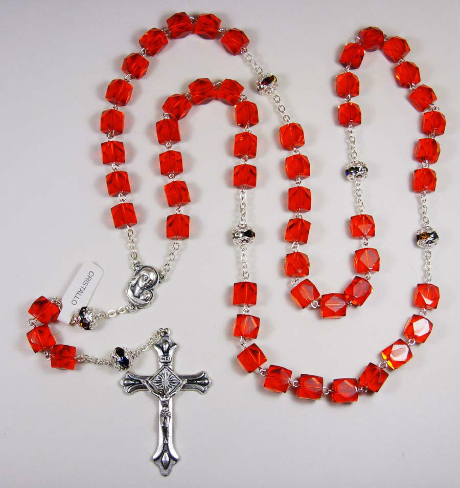 Italian Cut Crystal Rosary - Cube Red