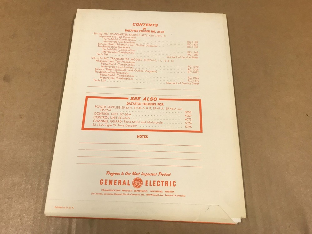 Vintage General Electric Datafile Motorcycle Transmitters - Folder No. 3120