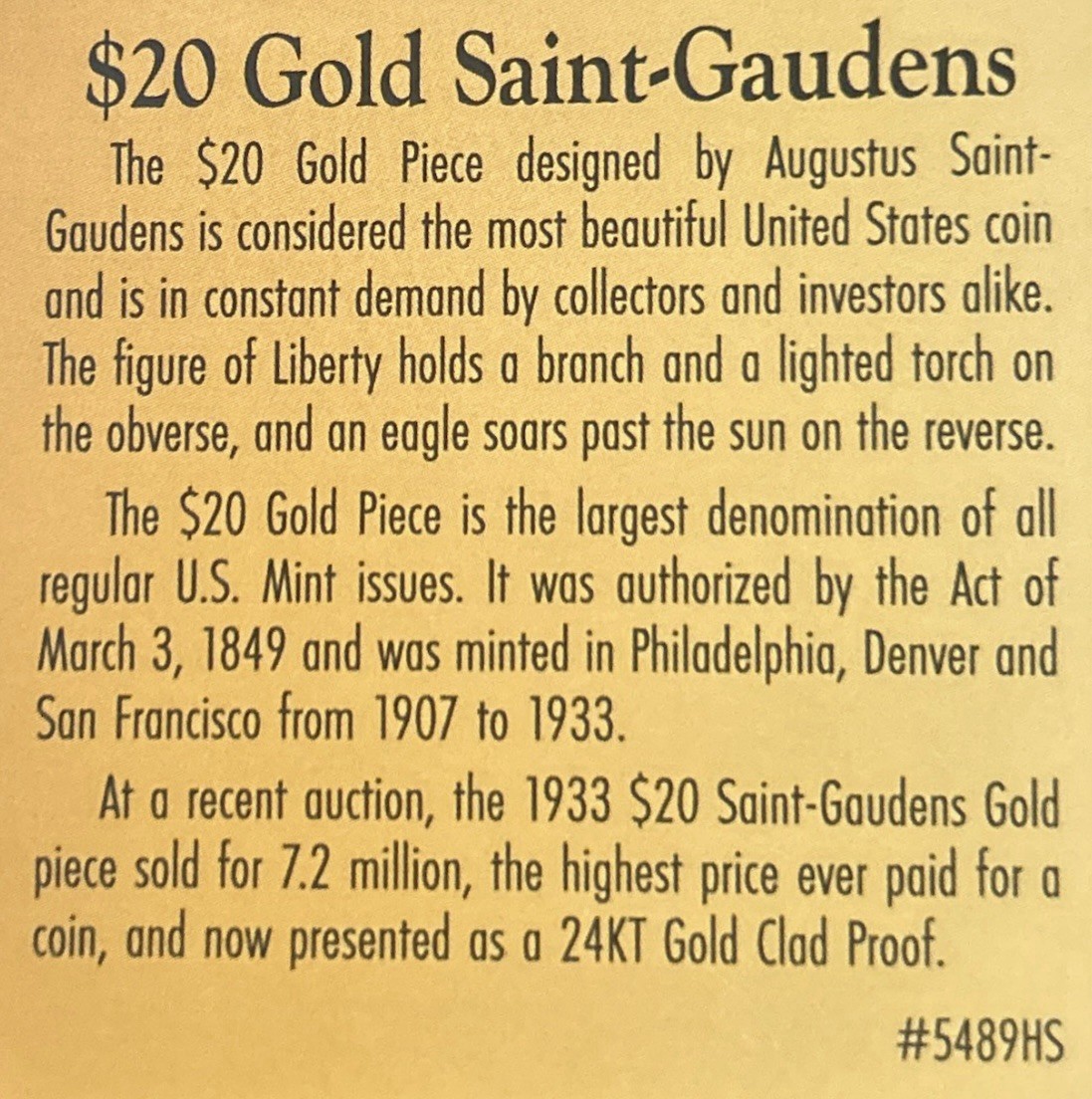 #1 SAINT ST. GAUDENS American Coin Treasures 1933 P $20 Gold Double Eagle 24kt