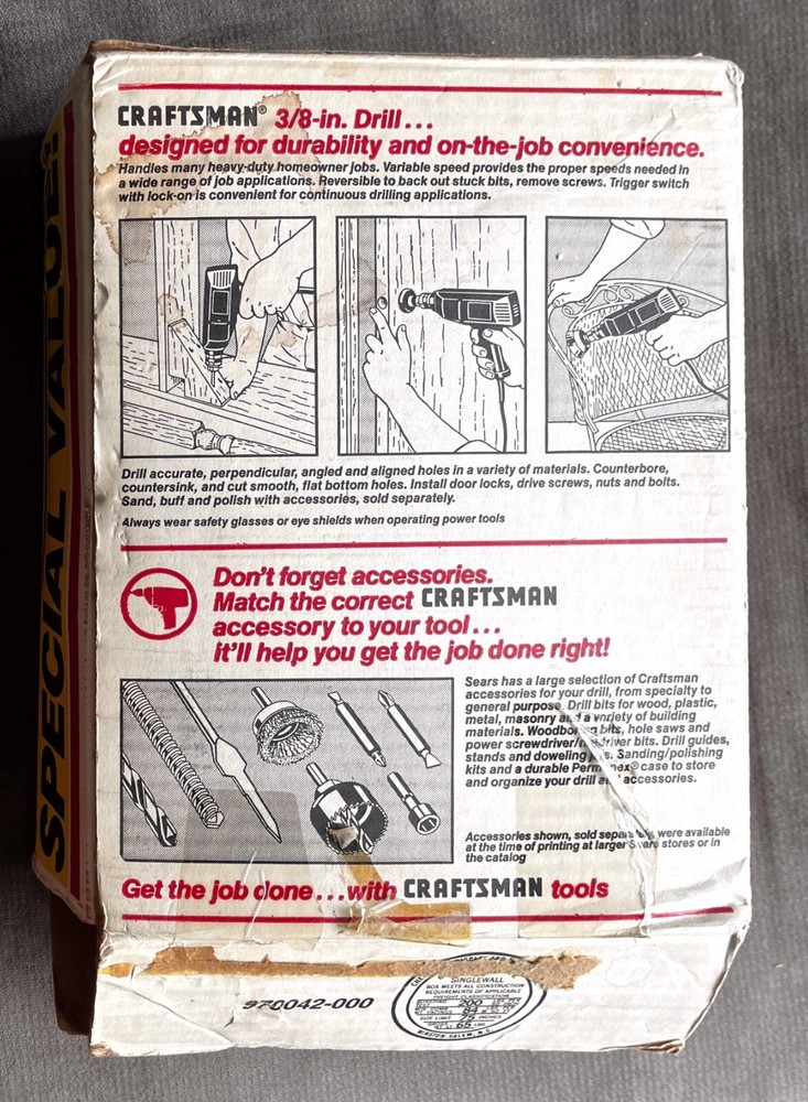 Sears Craftsman 3/8" Drill Corded Variable Speed Reversible,Model 315.101400+Bit