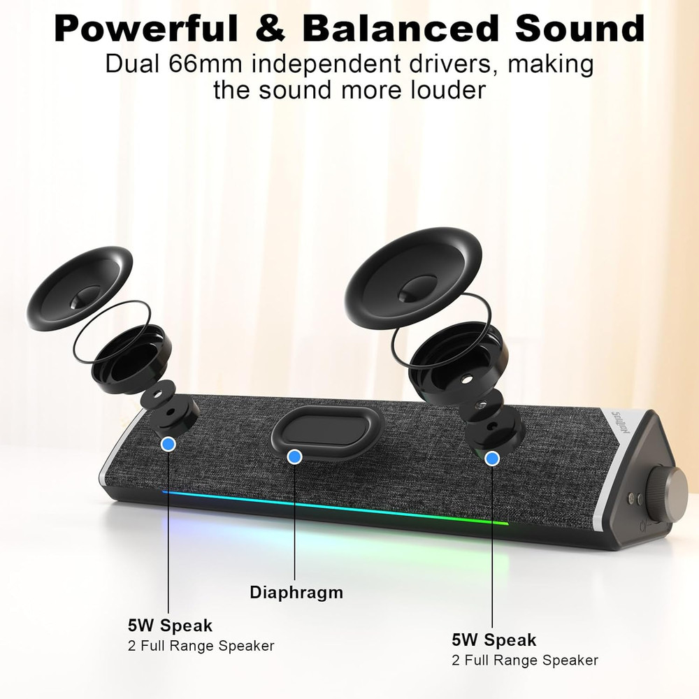 Computer Speakers, USB-Powered Bluetooth PC Soundbar with Dynamic RGB LED Lights