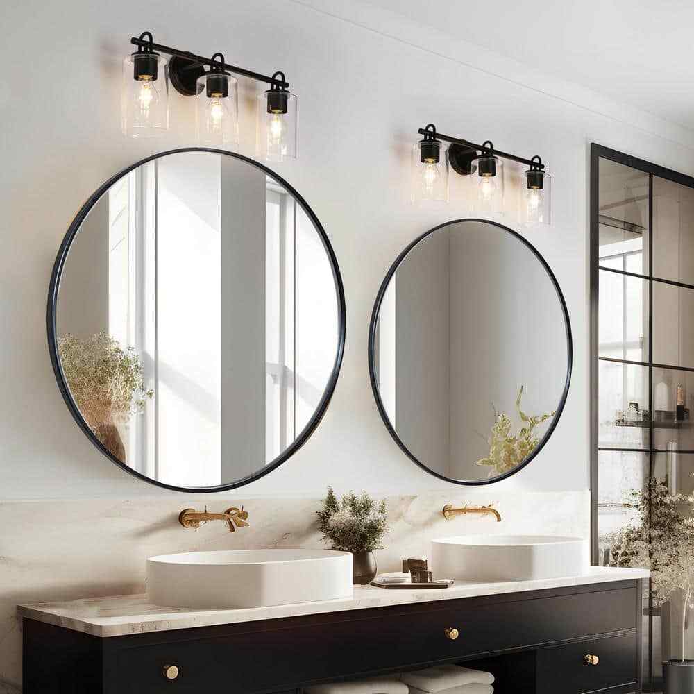 LNC Modern Black Bathroom Vanity Light with Cylinder Clear Glass Shades 22 in.
