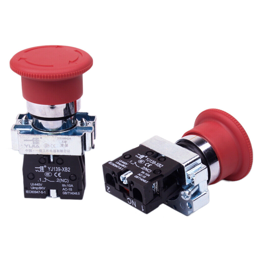 2x Red Mushroom Head 22mm E-STOP Emergency Stop Push Button Switch 1NO 1NC XB2