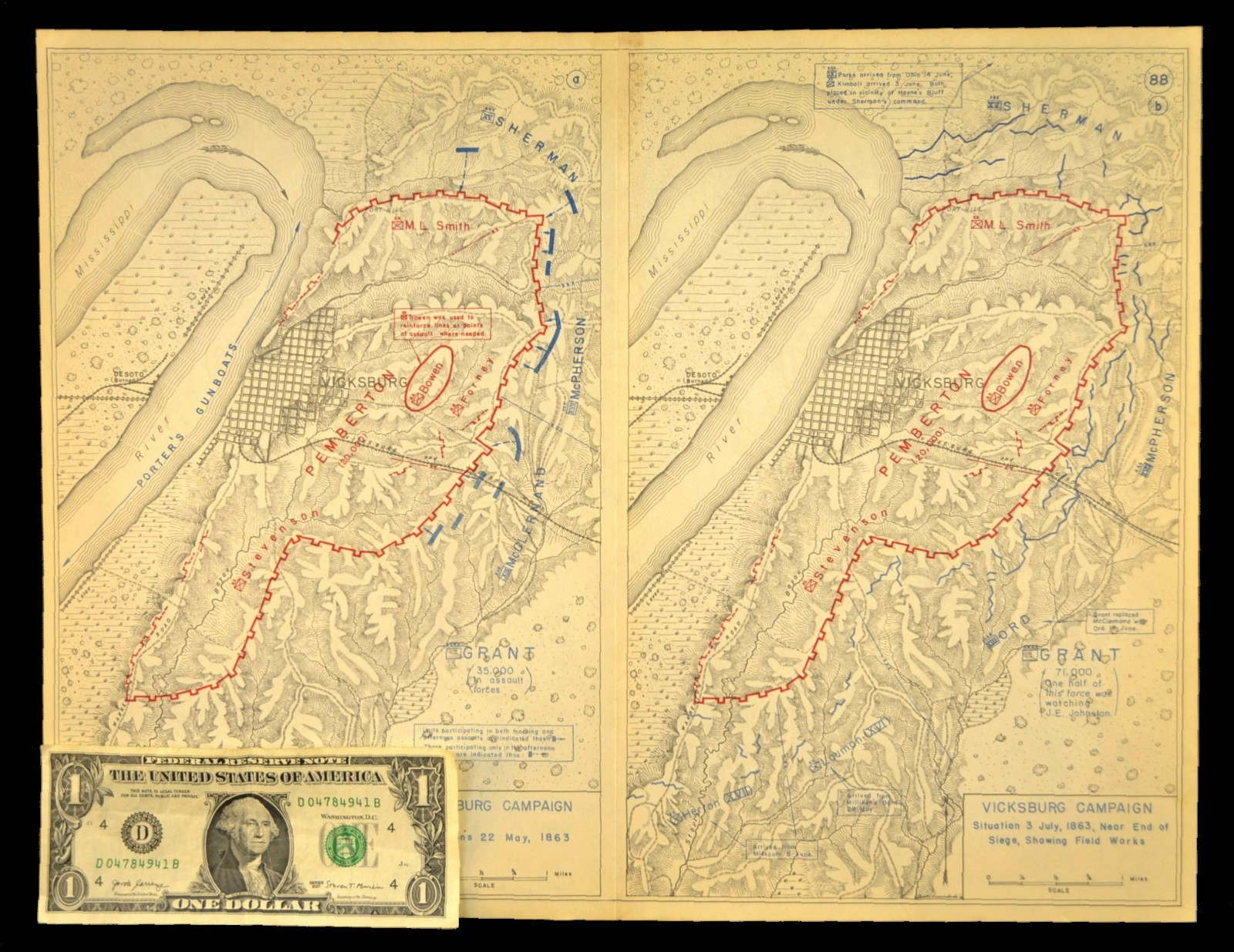 Vintage Siege of Vicksburg Map Mississippi Ulysses S Grant John Pemberton